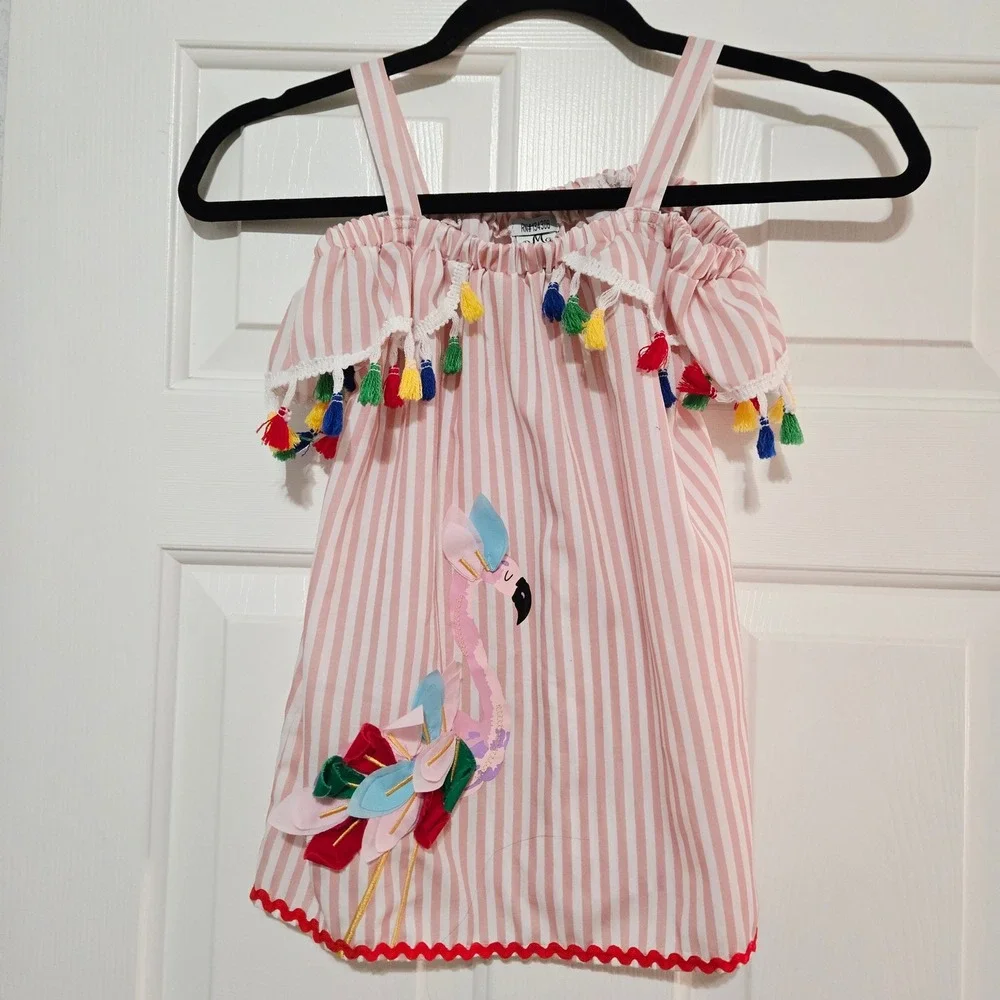 Boutique BMG Kids Girls Pink‎ Stripe Flamingo Tassel Cold Shoulder Dress Size 7Y